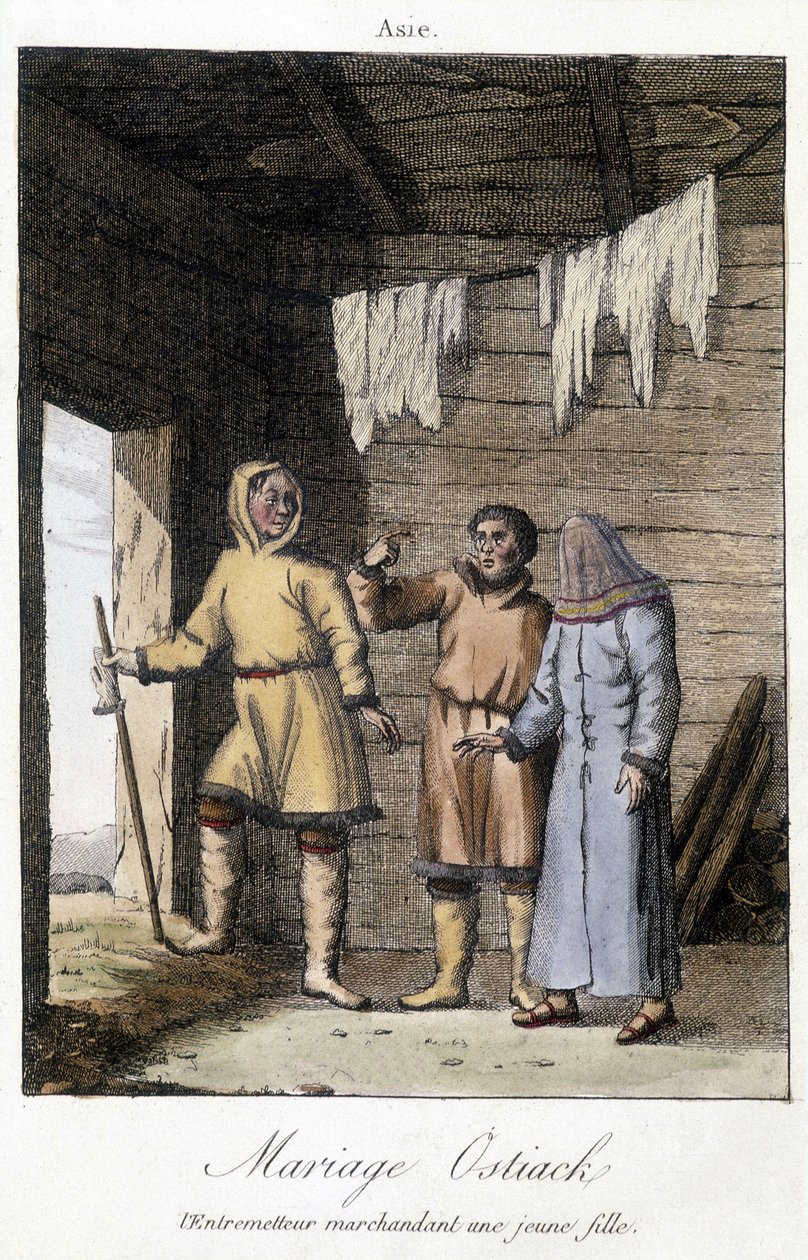 Intermediário regateando uma jovem para um Ostiak (Khanty ou Khante) (tribo caçadora paleosiberiana estabelecida na área florestal do vale do Ob médio). de Unknown artist