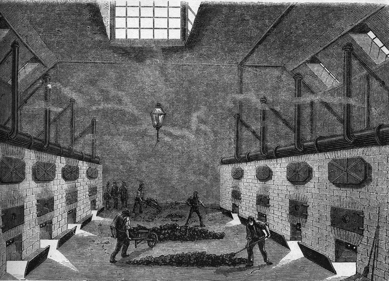 Vista interna de uma fábrica de gás. Gravura de 1860-1861. de Unknown artist