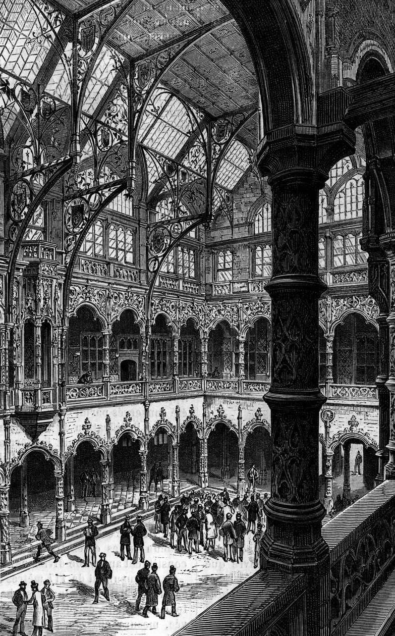 Vista interna da Bolsa de Valores de Antuérpia no século XIX. Gravura em "Le journal de la jeunesse". de Unknown artist