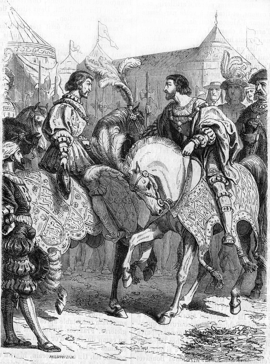 Entrevista de François 1st e Henrique VIII. Gravura do século XIX. de Unknown artist