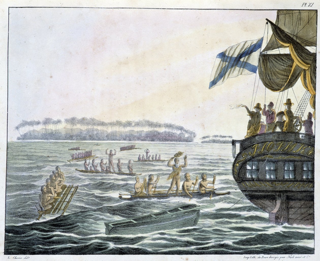 Entrevista com os habitantes das Ilhas Penrhyn em "Views and Landscapes of the Equinox Regions, Collected in a journey around the world", sd. início do século XIX de Unknown artist