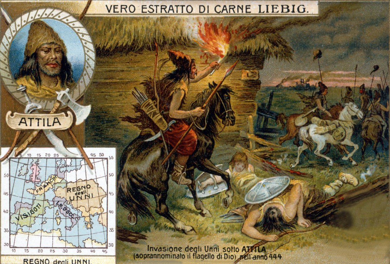 Invasão dos hunos sob Attila, apelidado de flagelo de Deus, em 444 - Liébig vinheta publicitária de Unknown artist