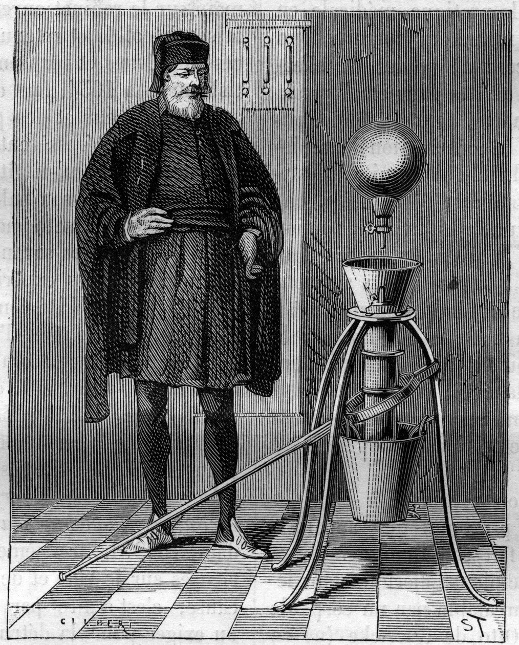 Invenção: Máquina pneumática de Otto de Guericke (Otto de Guericke) (1602-1686), inventor alemão. Gravura em "La Nature". de Unknown artist