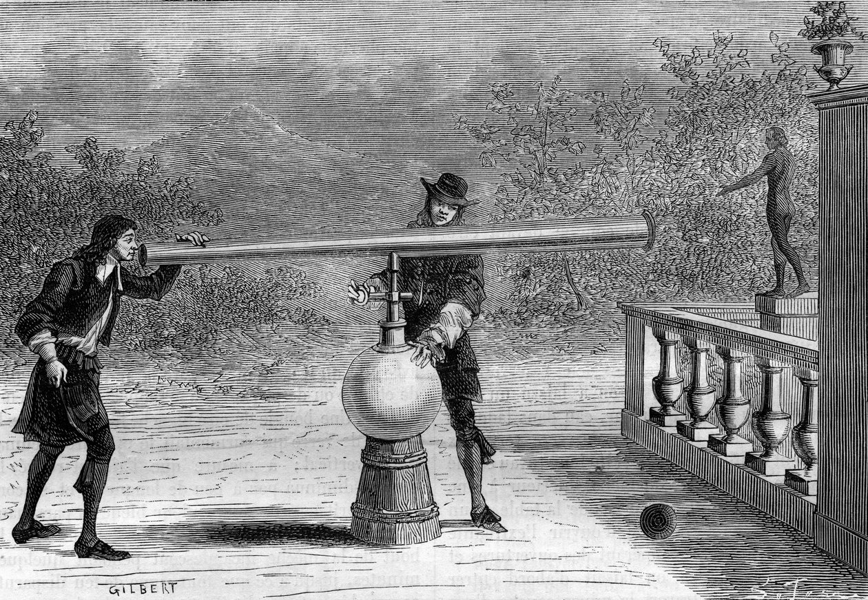 Invenção: Sarbacan ou arma pneumática por Otto von Guericke (Otto de Guericke) (1602-1686), inventor alemão. Gravura em "La Nature". de Unknown artist