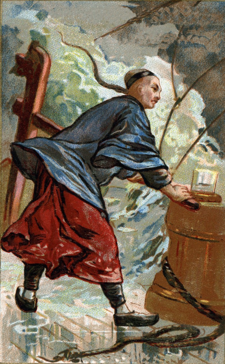 Invenção da compa chinesa: navegador chinês que usa a compa no seu barco. O primeiro uso da compa como instrumento de navegação em navios chineses data do final do século X. Cromolitografia do século XIX. de Unknown artist