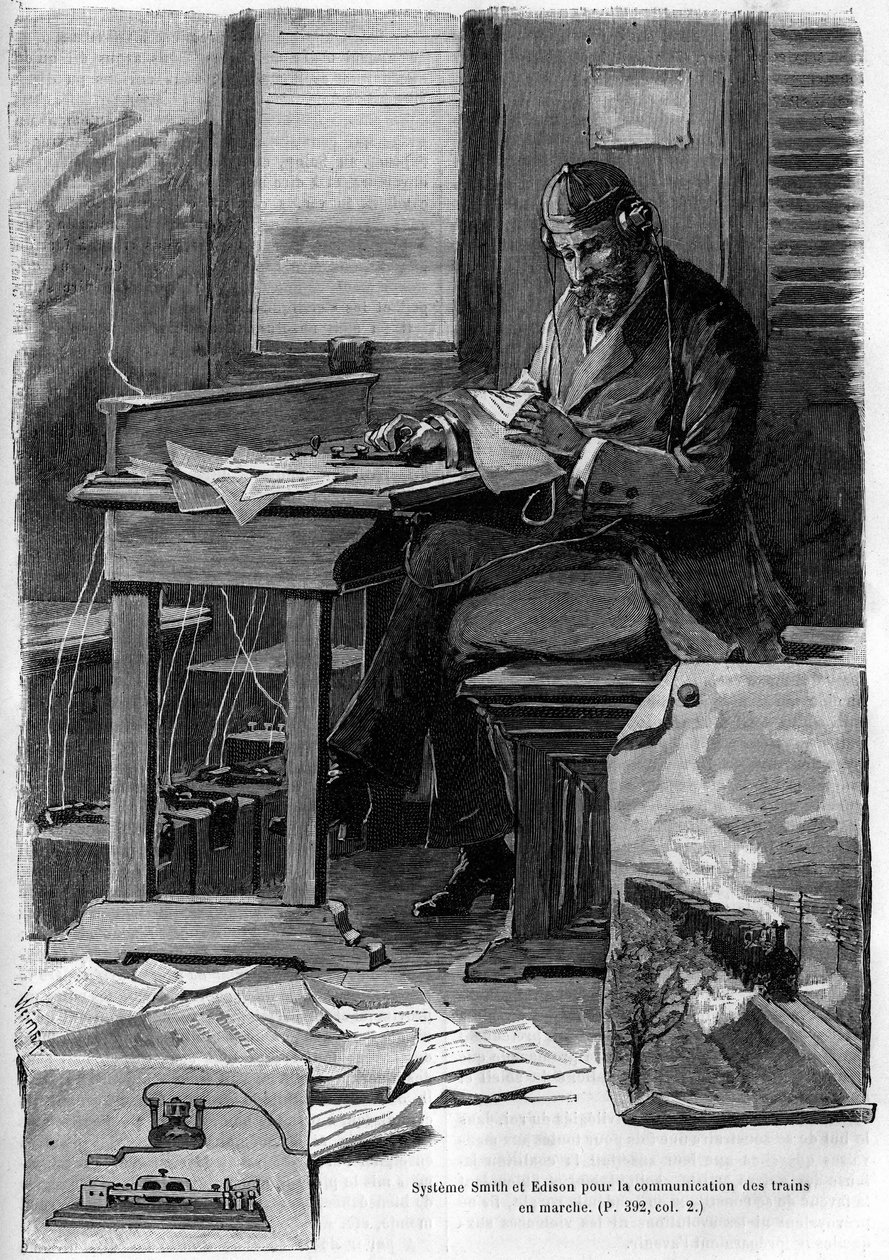 Invenção do sistema Smith e Edison para a comunicação dos comboios em circulação. Gravação na revista "La jeunesse". de Unknown artist