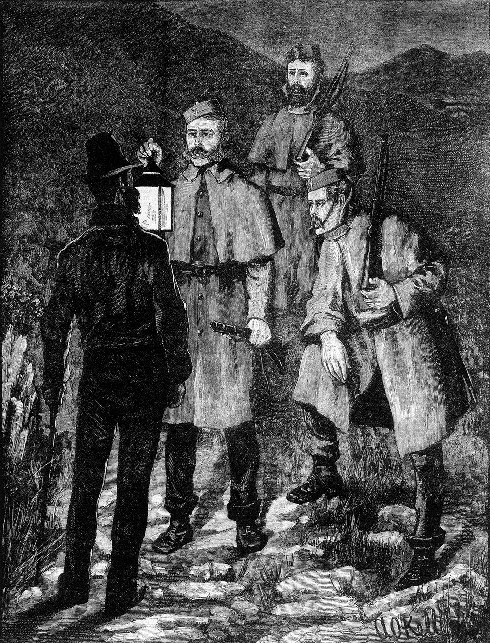 Patrulha policial irlandesa controlando um suspeito (1881). de Unknown artist