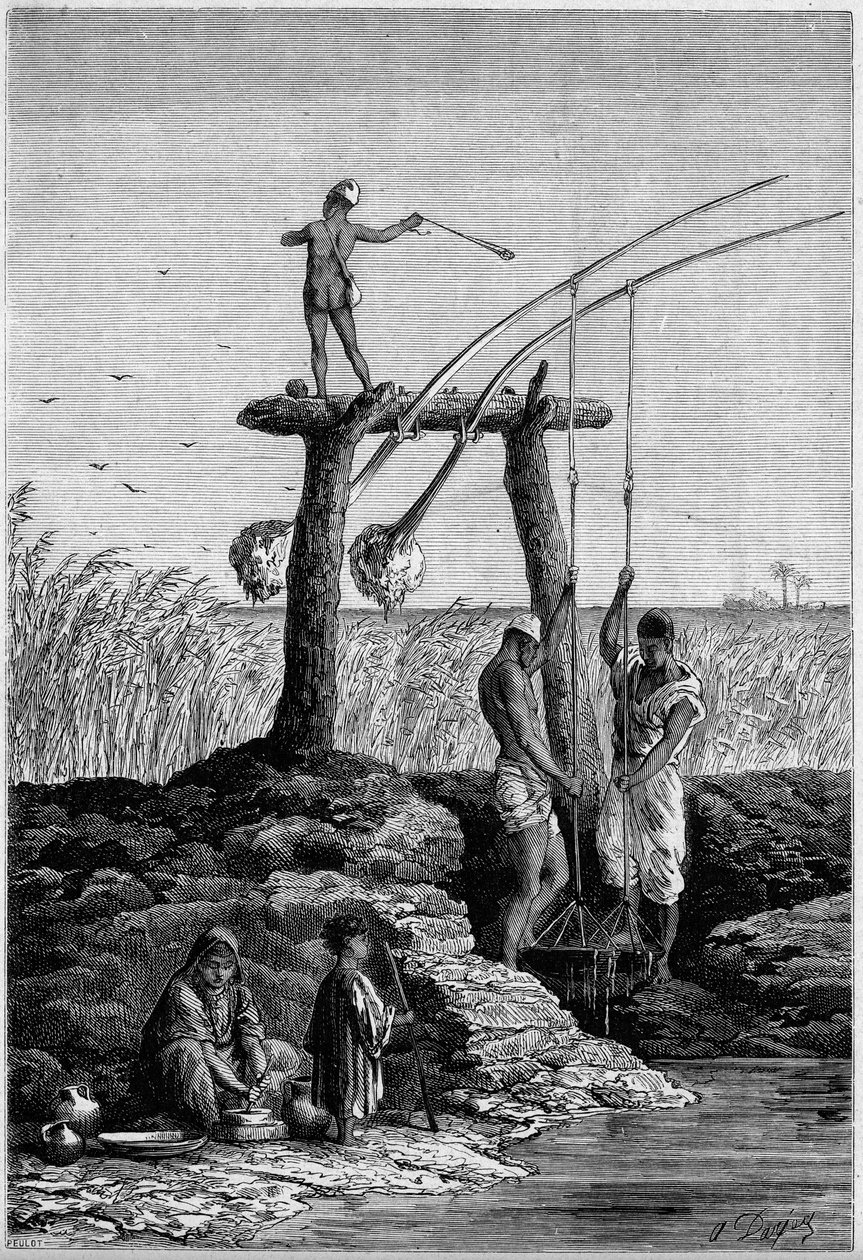 Irrigação no Egito: chadoufs (ou shadoufs) nas margens do Nilo. Gravura em "Le Monde Illustré" n°1313 de 27 de Maio de 1882. de Unknown artist