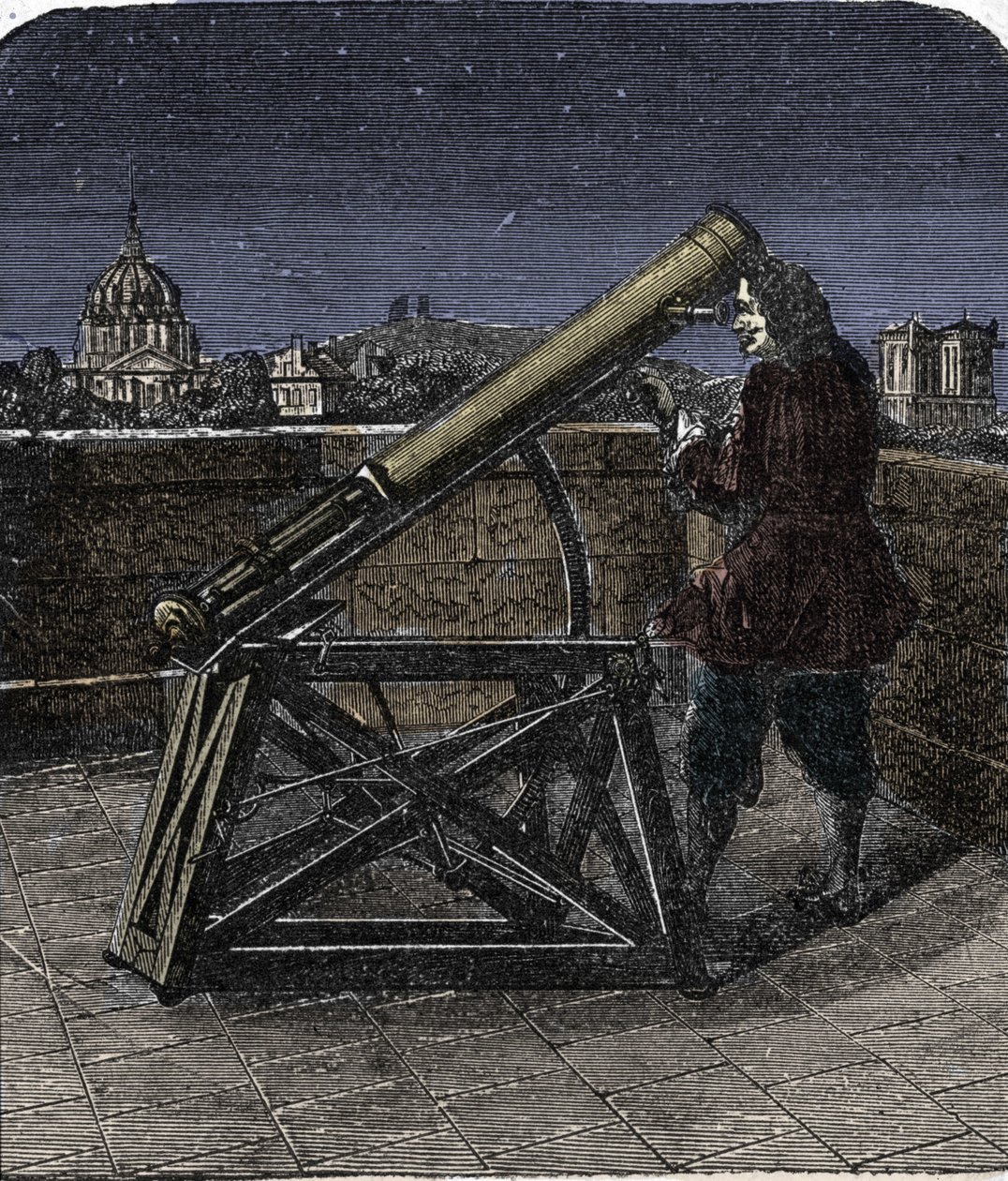 Isaac Newton (1642-1727) físico inglês usando o seu telescópio. de Unknown artist