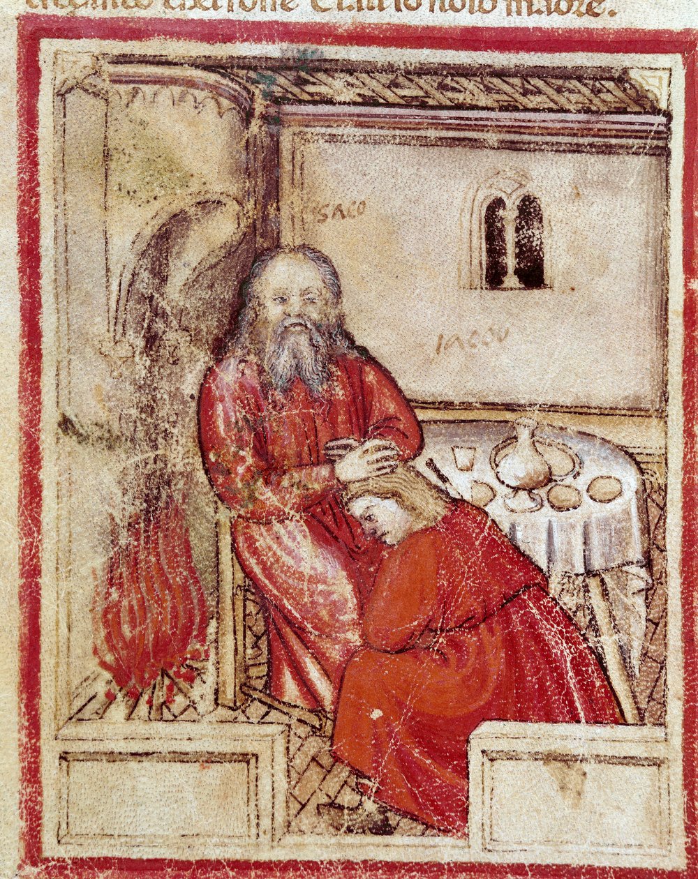Isaac depois de comer o miúdo trazido pelo seu filho Jacob o Benito acreditando que é Esau Miniatura do códice 212 (ou códice padovano ou Bíblia de Pádua) 1390-1400 Rovigo, Accademia dei Concordi de Unknown artist