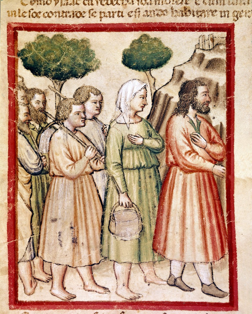 Isaac e sua família que sofre de fome emigrando para as terras do rei Abimelech Miniature do códice 212 (ou códice padovano ou Bíblia de Pádua) 1390-1400 Rovigo, Accademia dei Concordi de Unknown artist