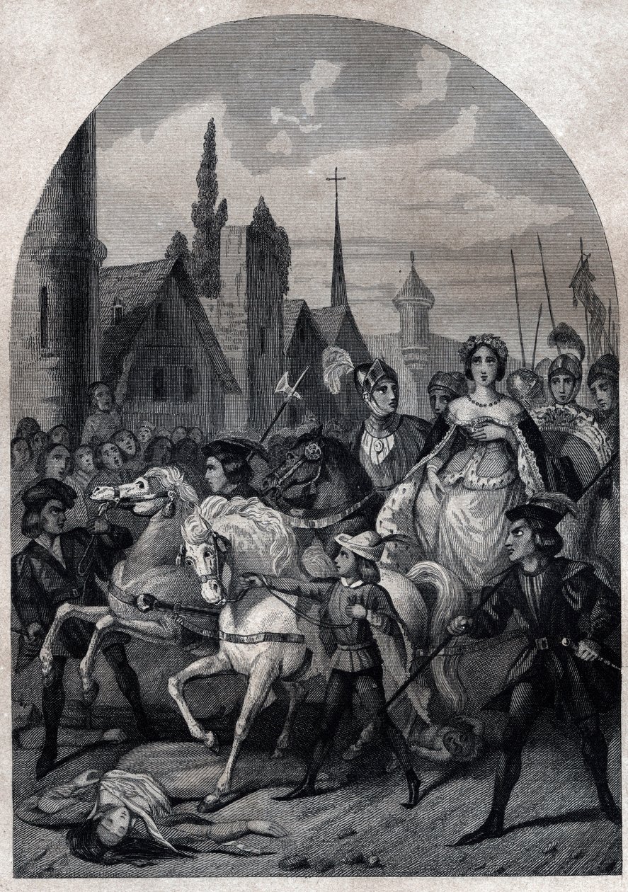 Isabella da Baviera (1371-1435) entrando em Paris em 1389 - Entree de la Reine de France Isabeau (Isabelle, Elisabeth) de Baviere (1371-1435) a Paris - Gravura de 1842 em "Histoire des popes: crimes, assassinatos, envenenamentos, parricídios, adúlteros, in de Unknown artist