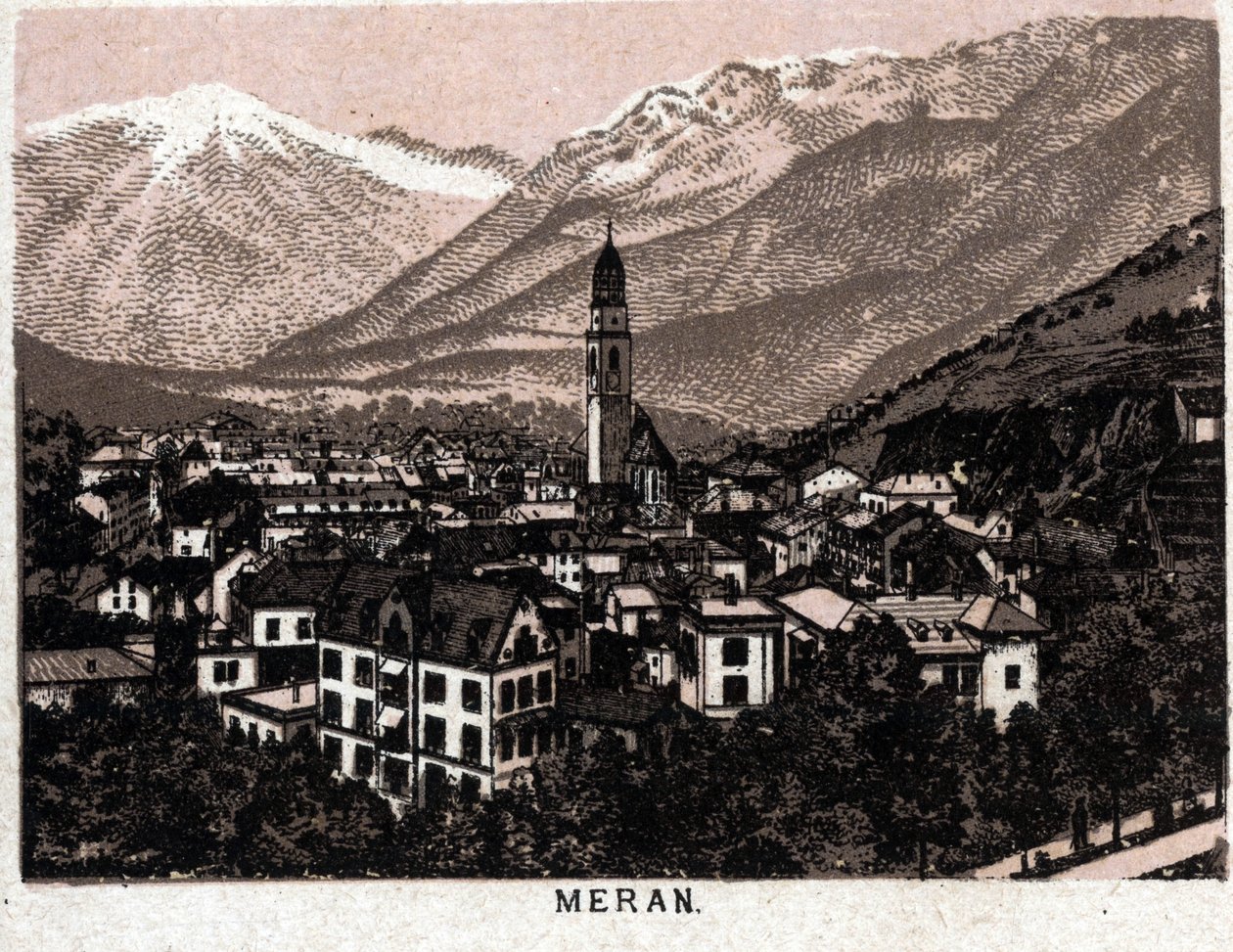 Tirol italiano: vista da cidade de Meran (Merano). em "O mundo ilustra 168 vistas" Sem data (final do século XIX) de Unknown artist