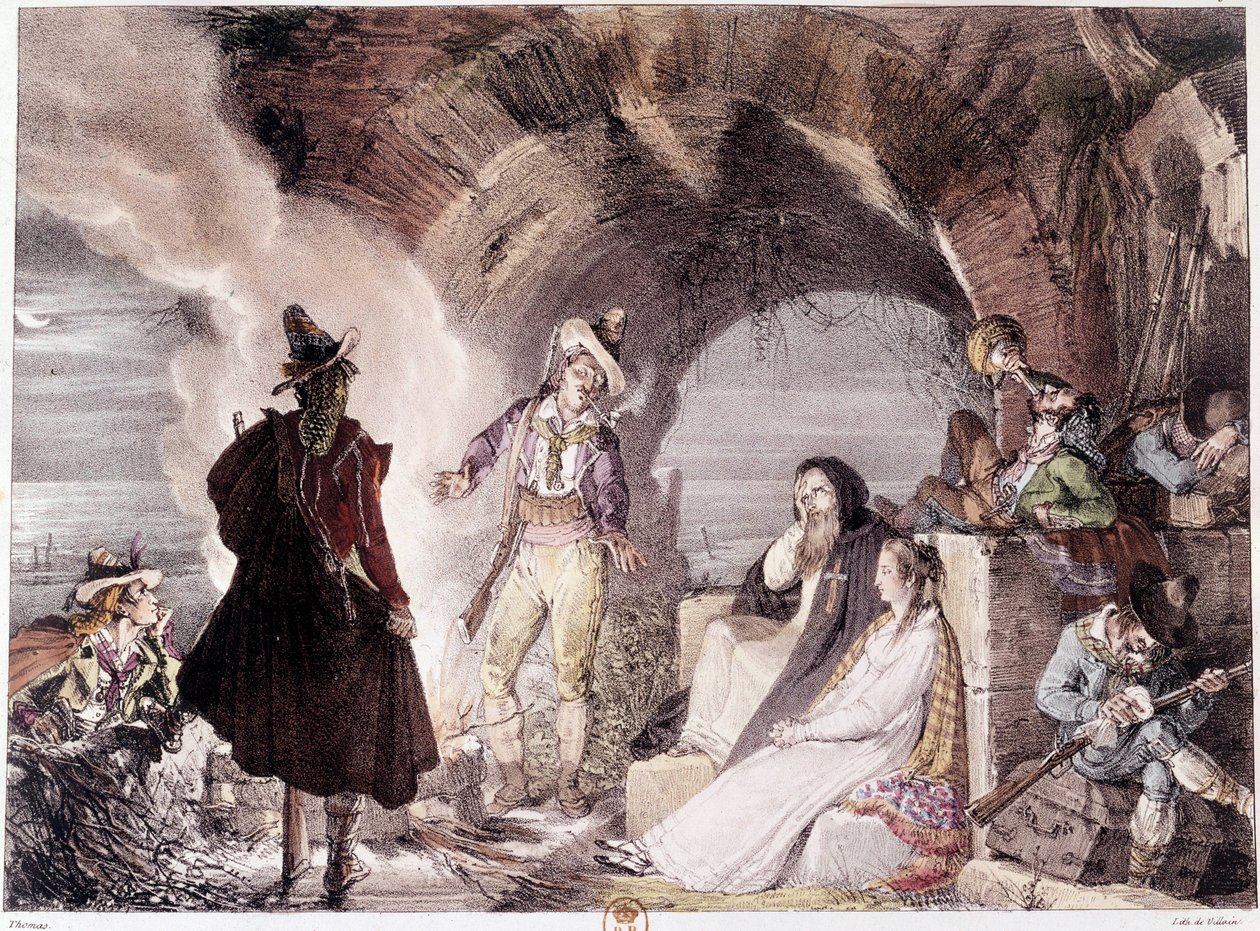 Assaltantes italianos. Os bandidos, alguns bebem outros dormem. A gravura do século XIX. Paris, B.N. de Unknown artist