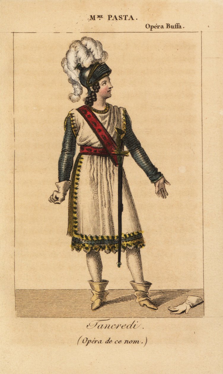 O cantor soprano italiano Giuditta Pasta no papel principal de Tancredi na ópera homônima de Gioachino Rossini apresentada na Ópera Buffa, em Paris de Unknown artist