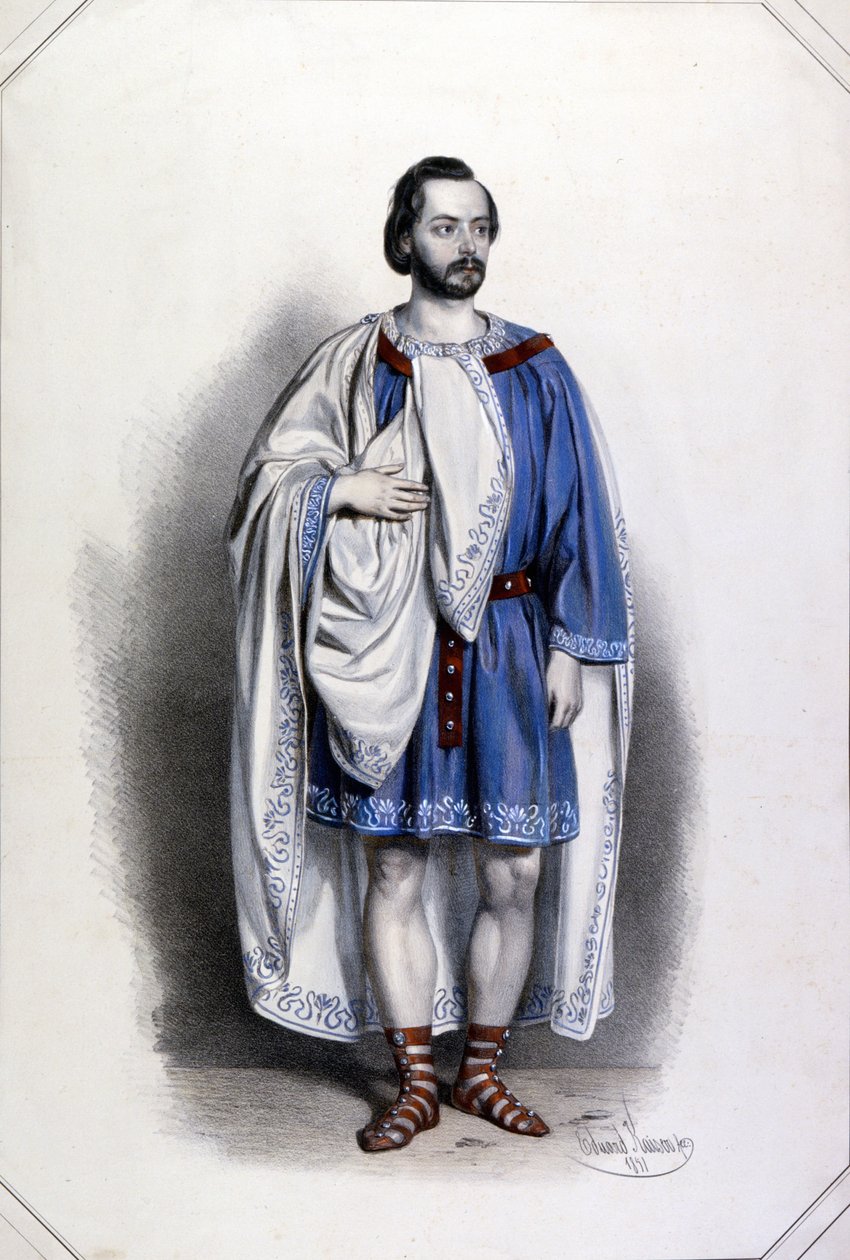 O tenor italiano Gaetano Fraschini (1816 - 1887) como Foresto no "Attila" de Giuseppe Verdi. Litografia colorida de Eduard Kayser de Unknown artist