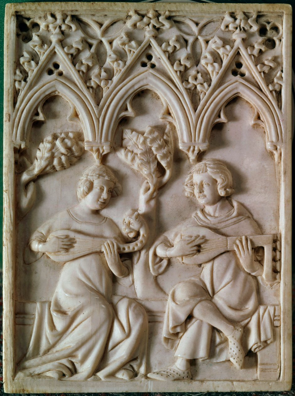 Tábua de marfim representando dois músicos. Século XIV. Paris, Museu Nacional da Idade Média, Termas de Cluny de Unknown artist