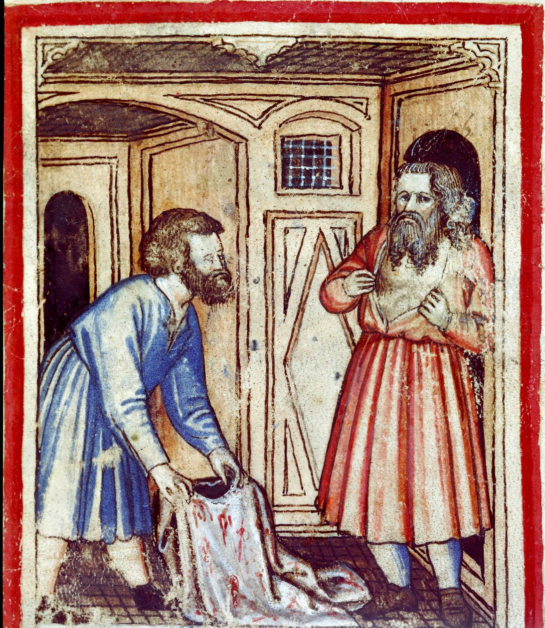Jacó toma conhecimento da morte de seu filho José, vendido por seus irmãos aos egípcios Miniatura a partir do códice 212 (ou códice padovano ou Bíblia de Pádua) 1390-1400 Rovigo, Accademia dei Concordi de Unknown artist