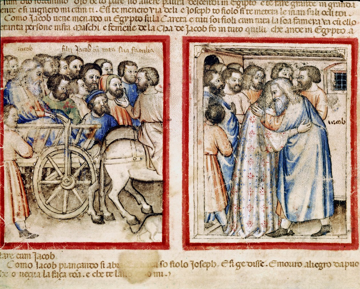 A partida de Jacó para o Egito e seu reencontro com seu filho Joseph Miniature do códice 212 (ou códice padovano ou Bíblia de Pádua) 1390-1400 Rovigo, Accademia dei Concordi de Unknown artist