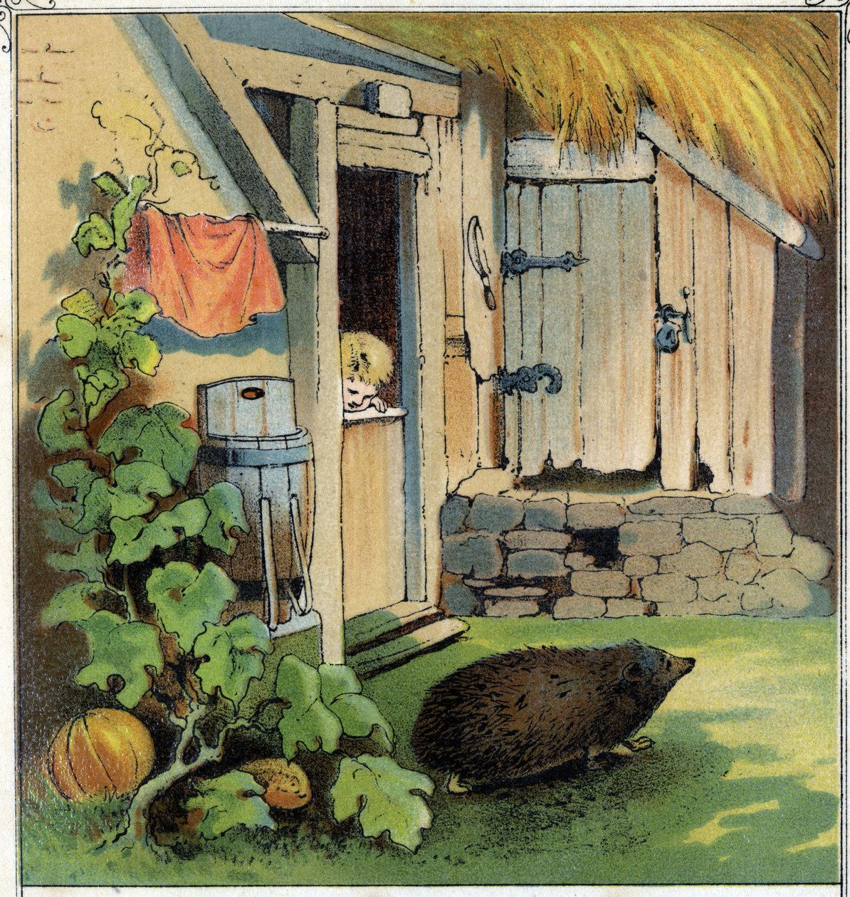 Jacques observa uma herisson a atravessar o pátio da sua casa. Cromolitografia de "Scenes enfantines", Ed. Guerin - Muller por volta de 1885. de Unknown artist