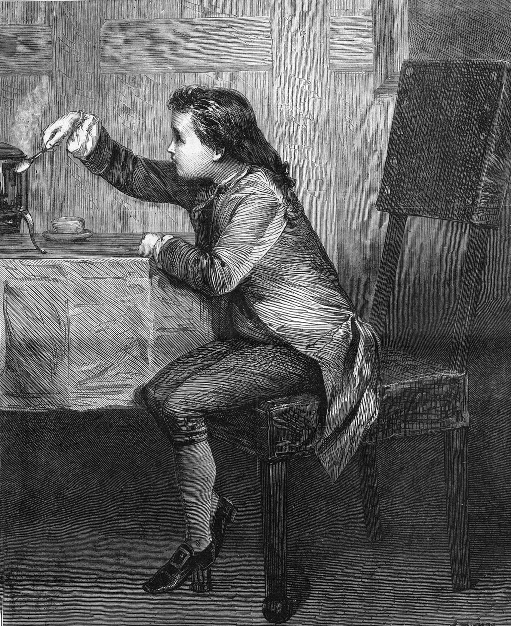 James Watt (1736-1819) criança descobrindo as leis do vapor. Gravura de 1868 de acordo com a pintura de Marcus Stone. de Unknown artist
