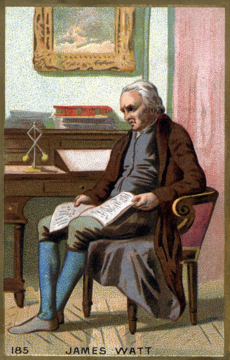 James Watt (1736 -1819) em seu escritório. Cromolitografia do século XIX. de Unknown artist