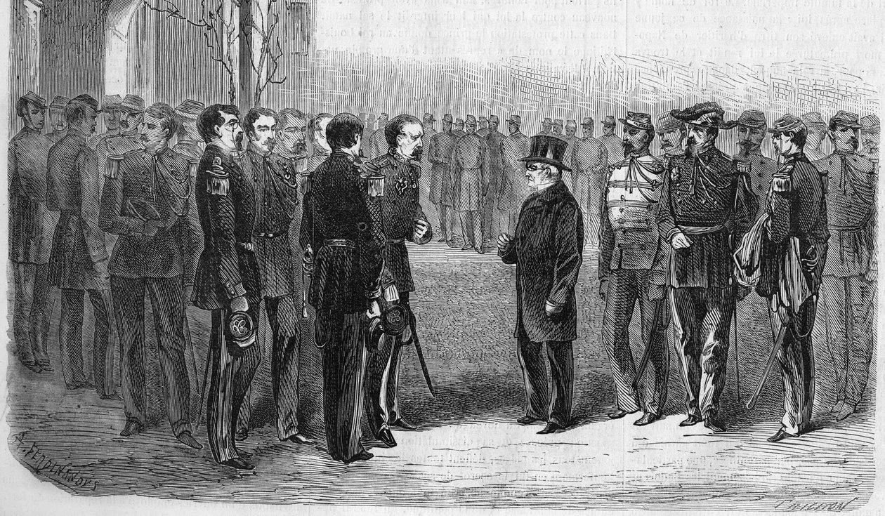 Janeiro de 1873: Adolphe Thiers (1797-1877), político francês, Presidente da República acompanhado pelo Ministro da Guerra e pelo General Hartung visita a Ecole Polytechnique. Gravura a partir de 1873. de Unknown artist