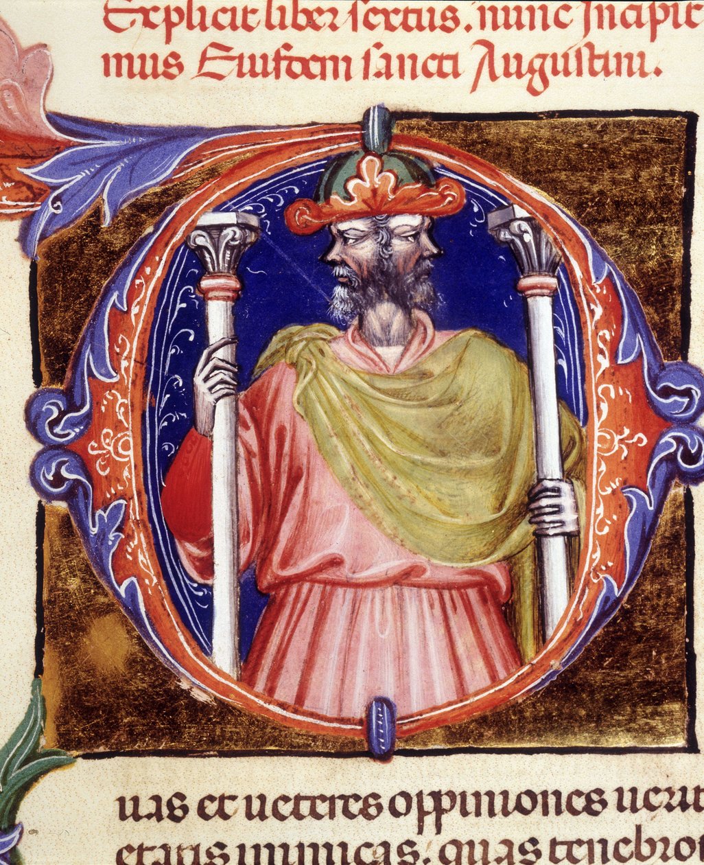 Janus, divindade romana, duas faces opostas - de um manuscrito de "De civitate dei" de Santo Agostinho, início do século XV. Bíblia Municipal de Rimini. de Unknown artist