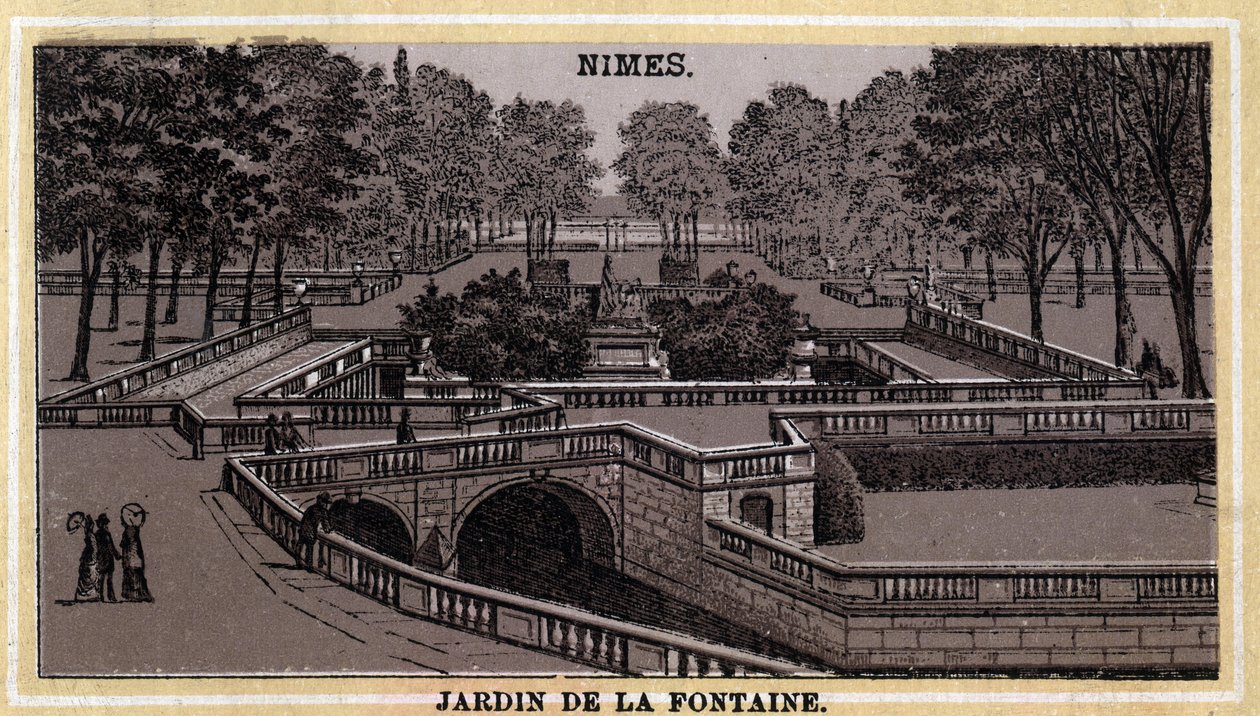 Jardin de la Fontaine em Nimes (Gard, Languedoc-Roussillon). Cromolitografia do final do século XIX. de Unknown artist