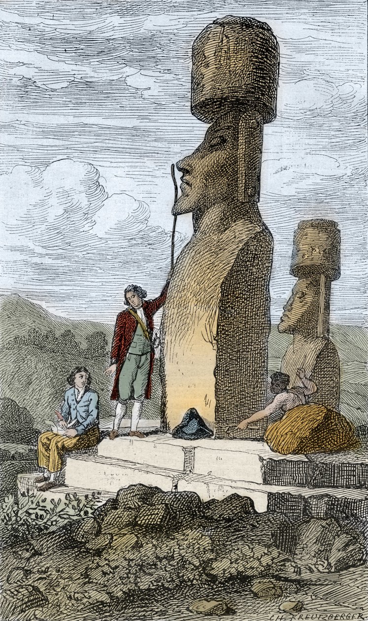 Jean-Francois Galaup, navegador e explorador inglês do Comte de La Perouse, na Ilha de Páscoa, durante a sua viagem pela Ásia de Unknown artist