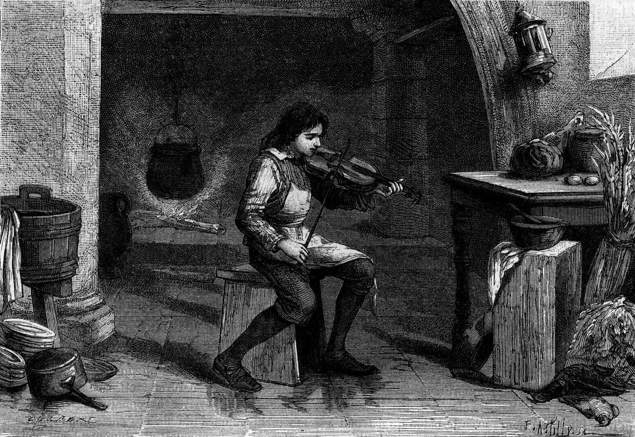 Jean Baptiste Lully (Giovanni Battista Lulli), criança, tocando violino na cozinha da Mademoiselle de Montpensier. Gravação de Unknown artist