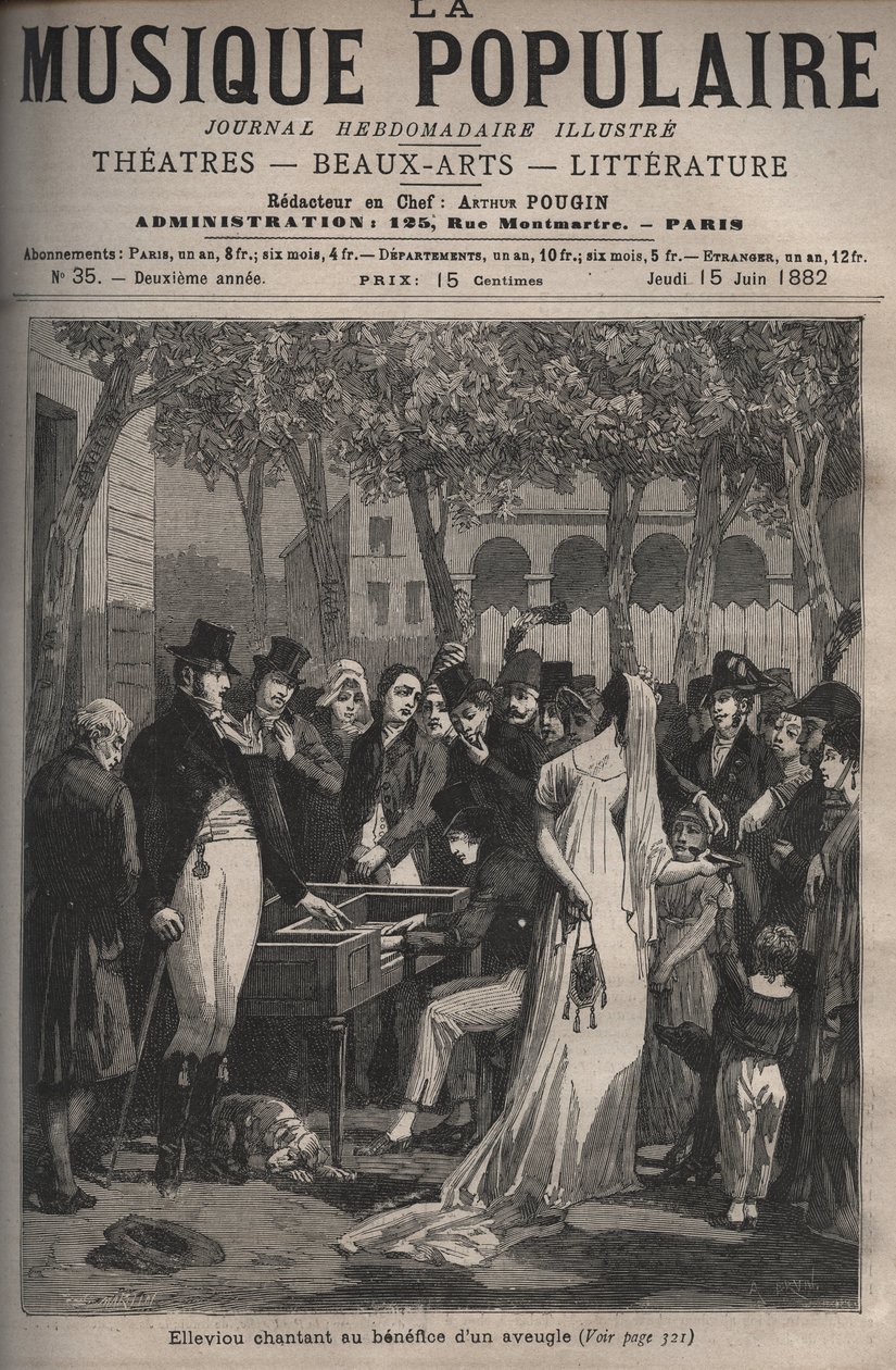 Jean Elleviou, cantor francês, comediante e libretista (1769-1842) cantando em benefício de um cego em 1801 no Champs-Elysees - gravura no jornal semanal "La musique populaire" ilustre - 1882 de Unknown artist