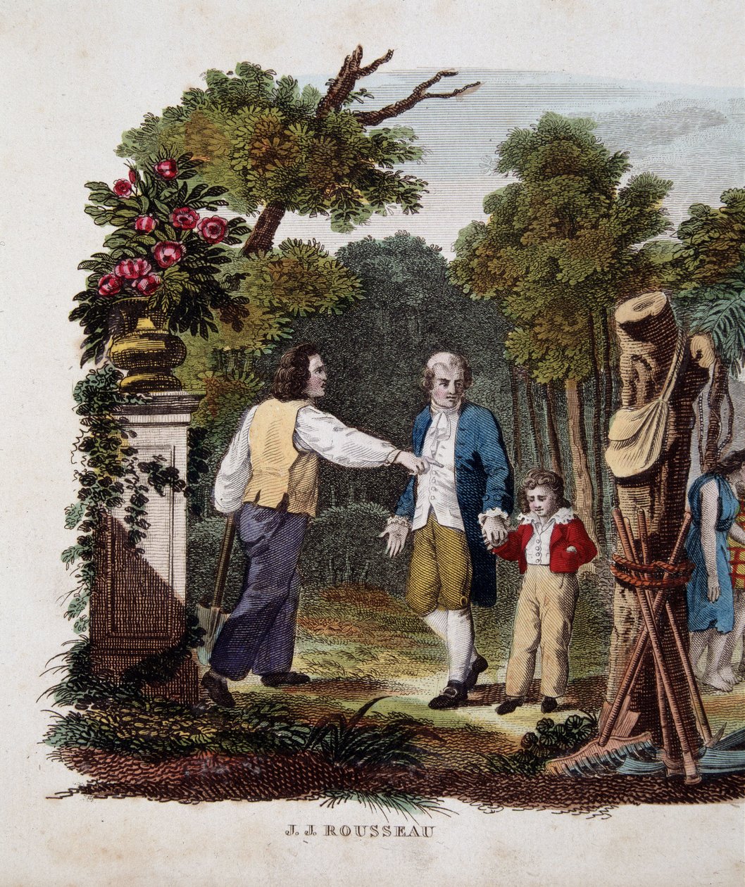Jean Jacques Rousseau com uma criança, interpelado por um camponês de Unknown artist
