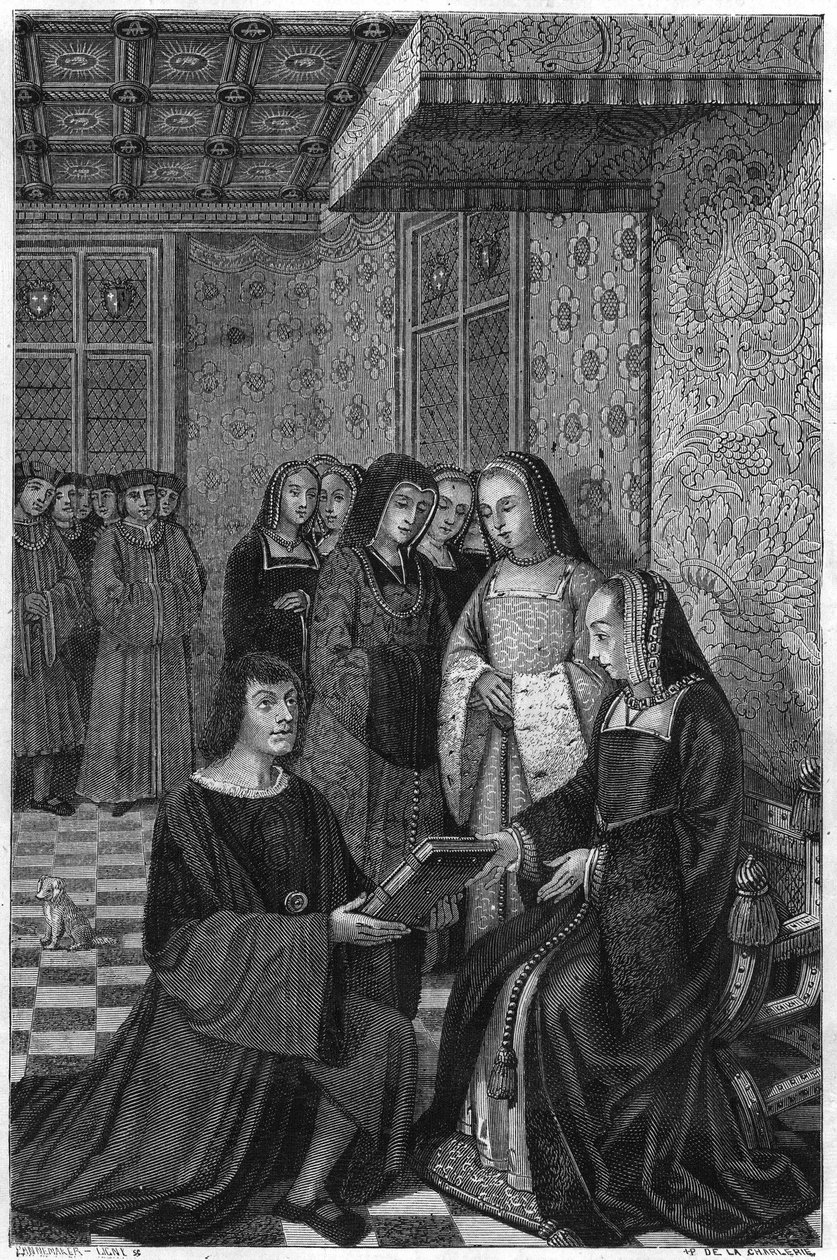Jean Marot, poeta (1463-1526), oferecendo um volume de poesia à Rainha Ana de França. Gravura do século XIX. de Unknown artist