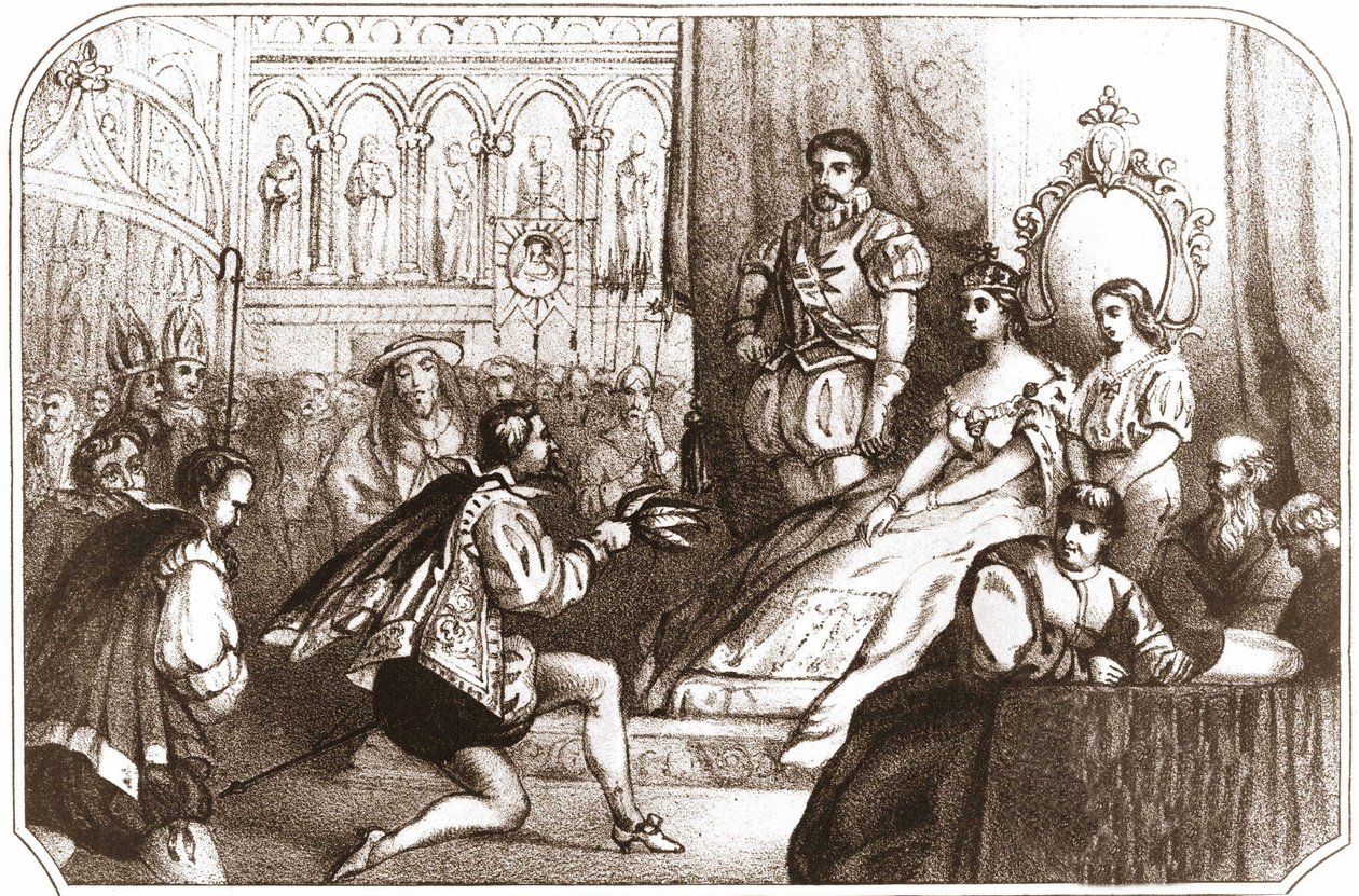 Jean Nicot apresenta a planta do tabaco a Catarina de Medicis (Caterina de Medici) e ao Grande Prior da Casa de Lorena. Litografia do século XVI, por volta de 1868. de Unknown artist