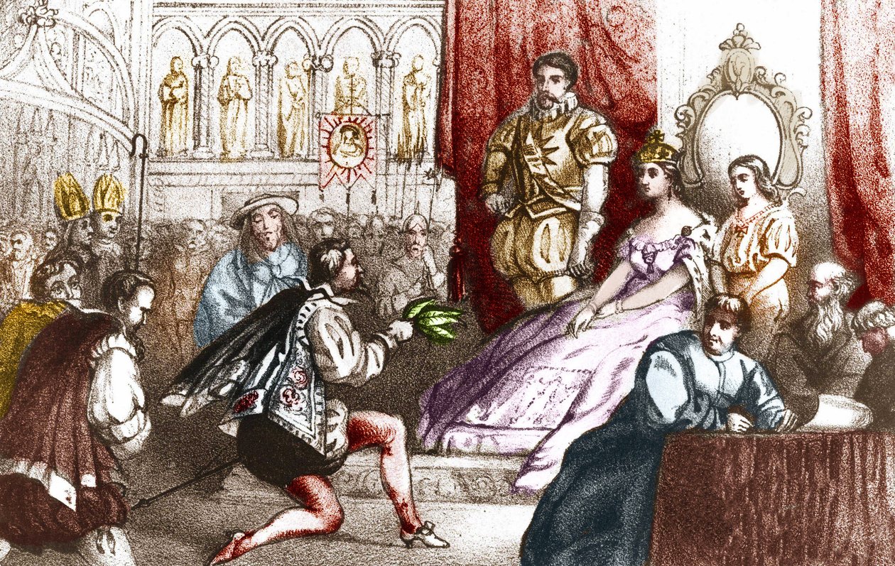 Jean Nicot apresenta a planta do tabaco a Catarina de Medicis (Caterina de medici) e ao Grande Prior da Casa de Lorena. Século XVI. Gravura do séc. XIX de Unknown artist