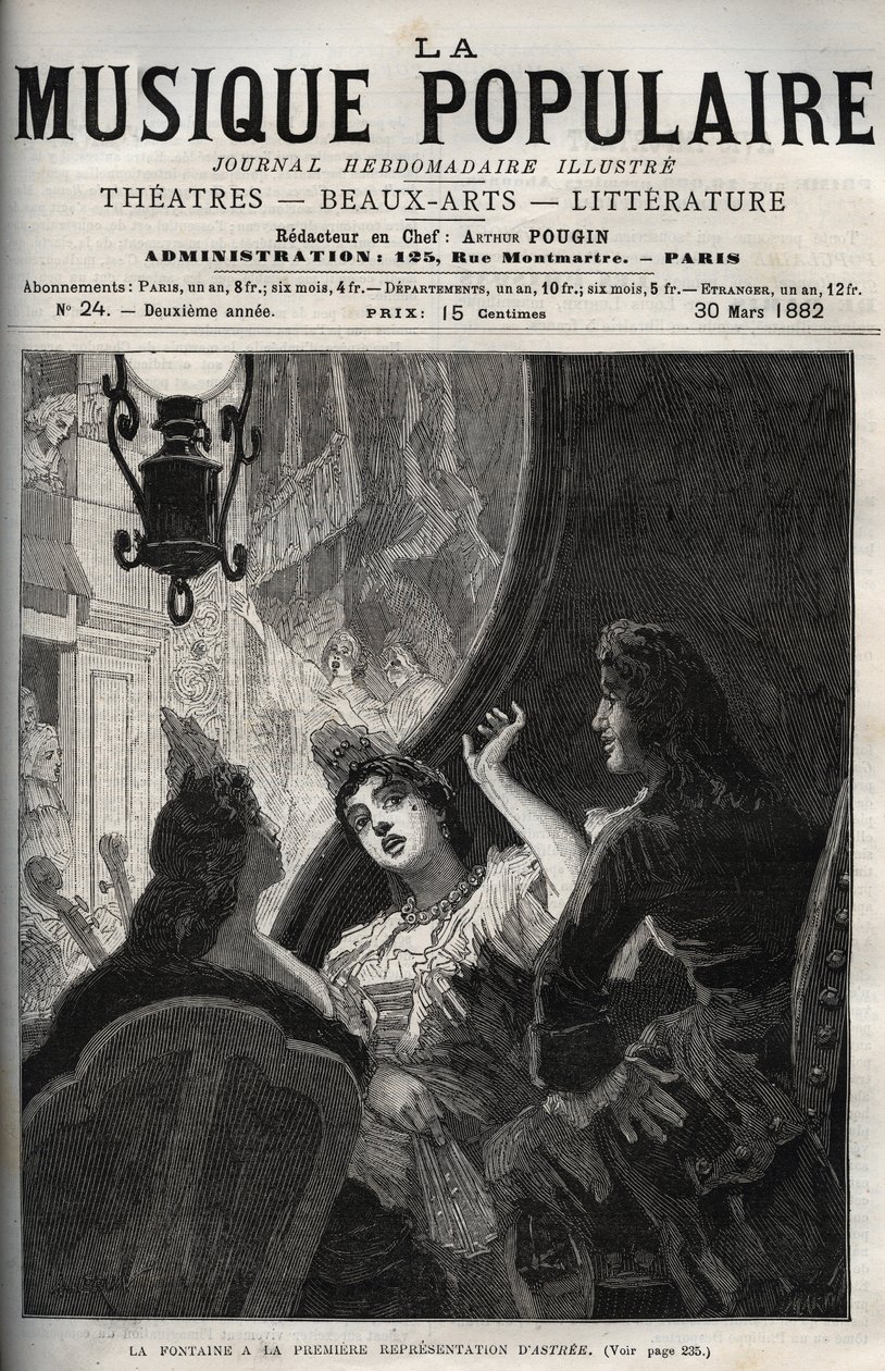 Jean de La Fontaine (Lafontaine) na estreia da ópera "Astree" de Pascal Collasse (Colasse) (1649-1709) - gravura no semanário "La musique populaire" - 1882 de Unknown artist