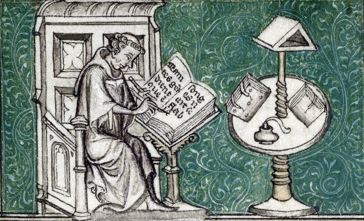 Jean de Meun que compõe o Romance da Rosa, c.1380 (miniatura) de Unknown artist
