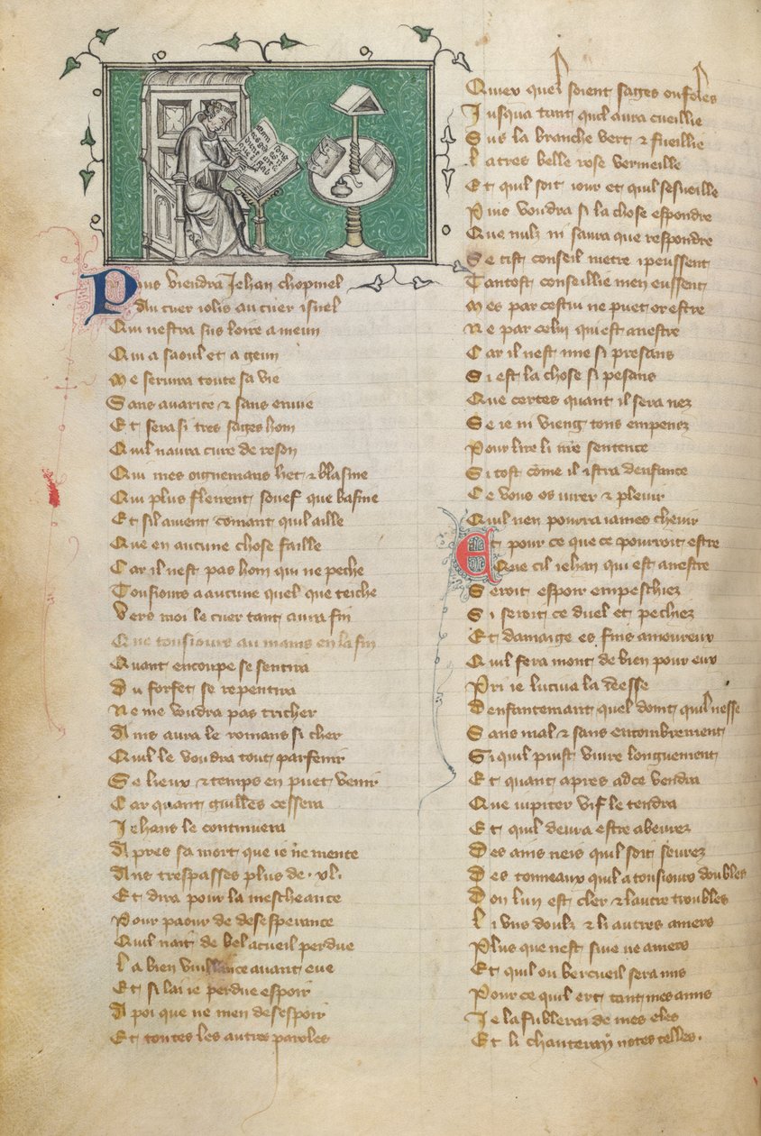 Jean de Meun escrevendo as palavras de abertura do seu poema (que começa em f. 28), na obra Roman de la Rose de Unknown artist