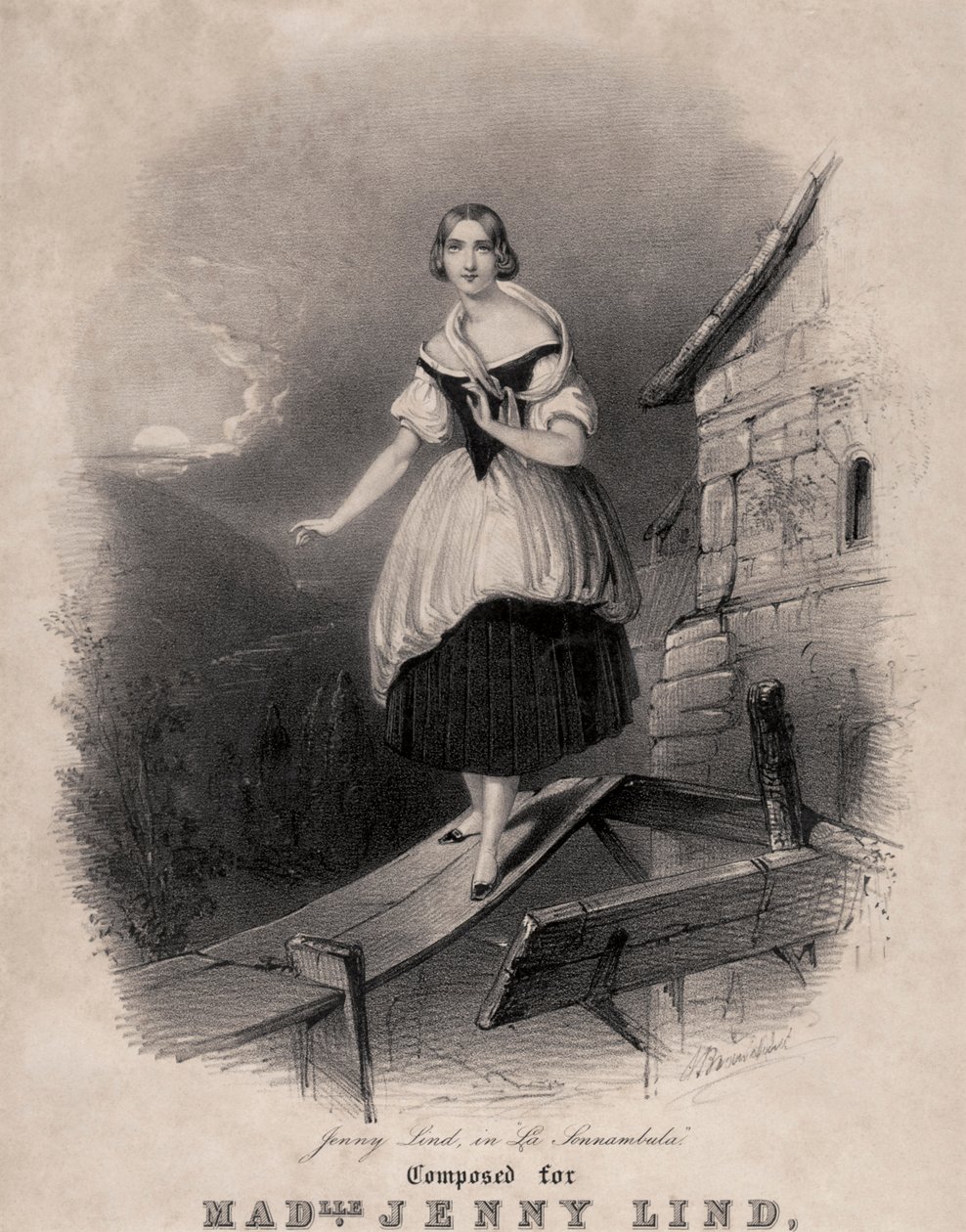 Jenny Lind, soprano sueca, na cena do sonambulismo de Bellini s La sonnambula de Unknown