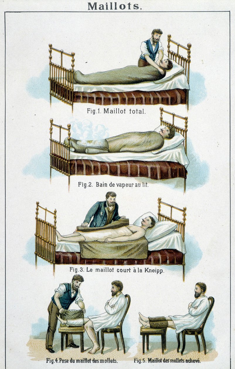 Camisolas: 1) Camisola total, 2) Banho de vapor na cama, 3) Camisola curta Kneipp, 4-5) Camisa de bezerro - em "Bilz, Medicação Natural", final do século XIX de Unknown artist