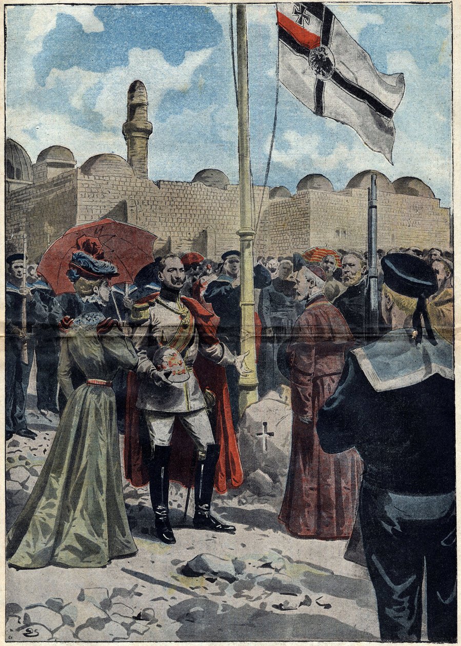 Jerusalém - All Saints 1898: Guilherme II (1859-1941), Imperador da Alemanha e Rei da Prússia, toma posse da terra da "Dormition", perto do Cenáculo, por seus súditos católicos, perante Monsenhor Luigi Piavi, Patriarca de Jerusalém. Ilustração em de Unknown artist