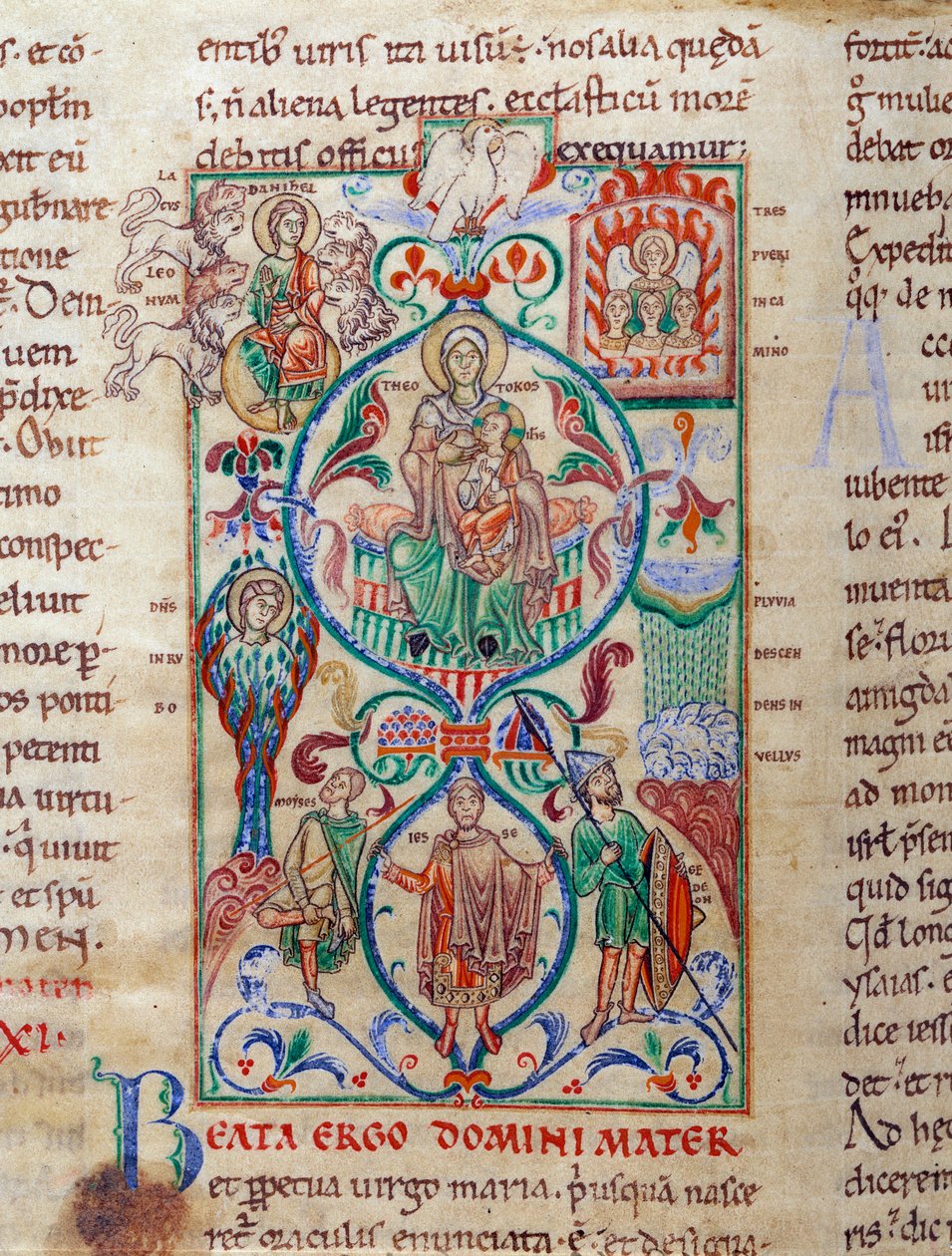 Jesse árvore rodeia símbolos de virgindade A Virgem é concebida com o nome de Bizantina de Theotokos. Miniatura retirada do "Lectiaire de Citeaux" Dijon do século XII, Biblioteca Municipal de Unknown artist