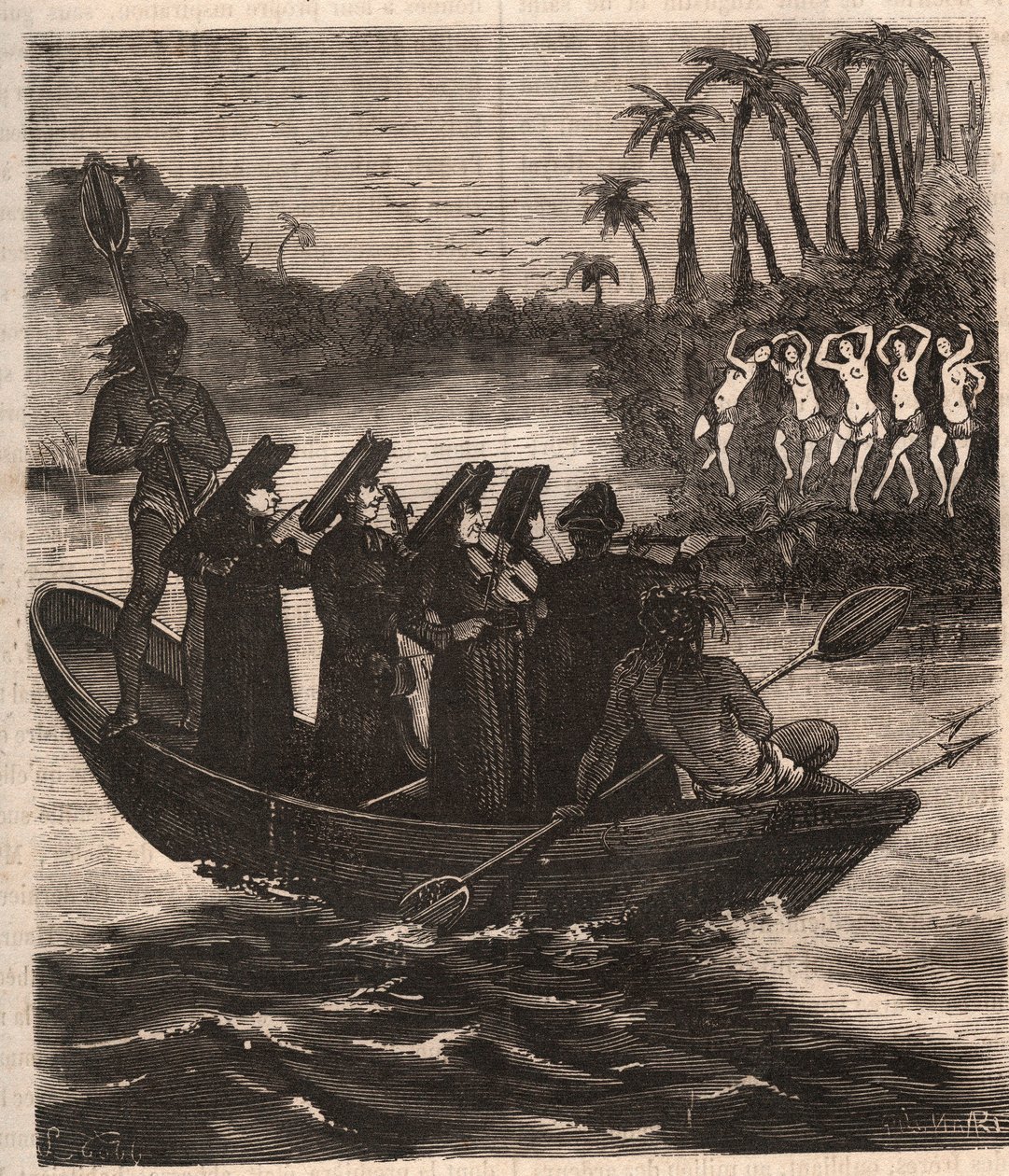 Missionários jesuítas chegam de barco entre os índios Guarani no Paraguai em 1553 - Gravura de 1879 em "História de Sociedades Secretas, Políticas e Religiosas" de Pierre Zaccone (1817-1895) de Unknown artist
