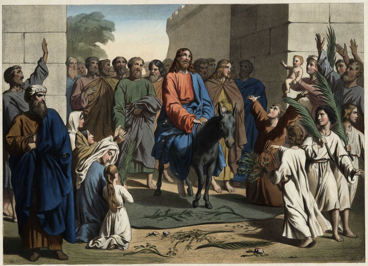 A entrada triunfante de Jesus na cidade santa de Jerusalém. Gravura anónima de meados do século XIX. de Unknown artist