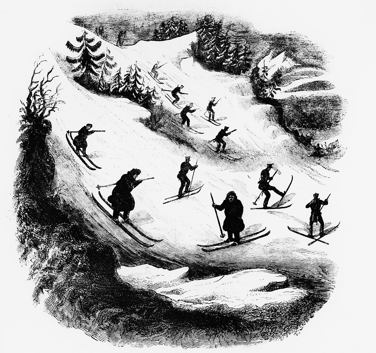 Jeux du Nord: esquiadores em uma pista - gravura, final do século XIX. de Unknown artist
