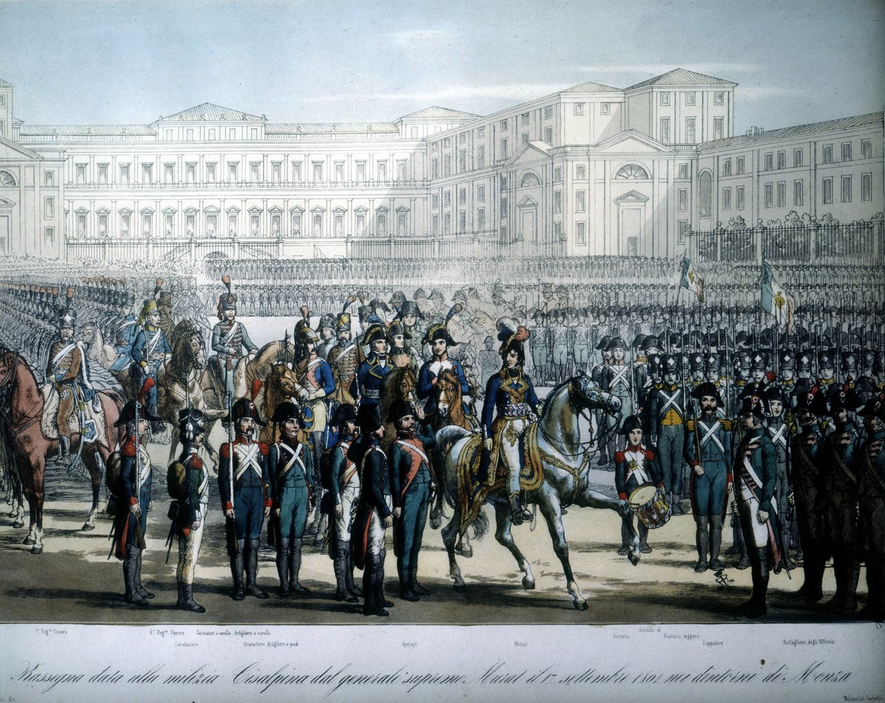 Joachim Murat (1767-1815), nomeado Marechal da França e Rei de Nápoles por Napoleão, passa em revista as tropas da República Cisalpina de Unknown artist