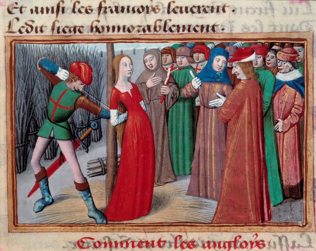 Joana de arco (1412 -1431), instalada no talho. Miniatura do manuscrito de "Vigilles du roi Charles VII", de Martial d