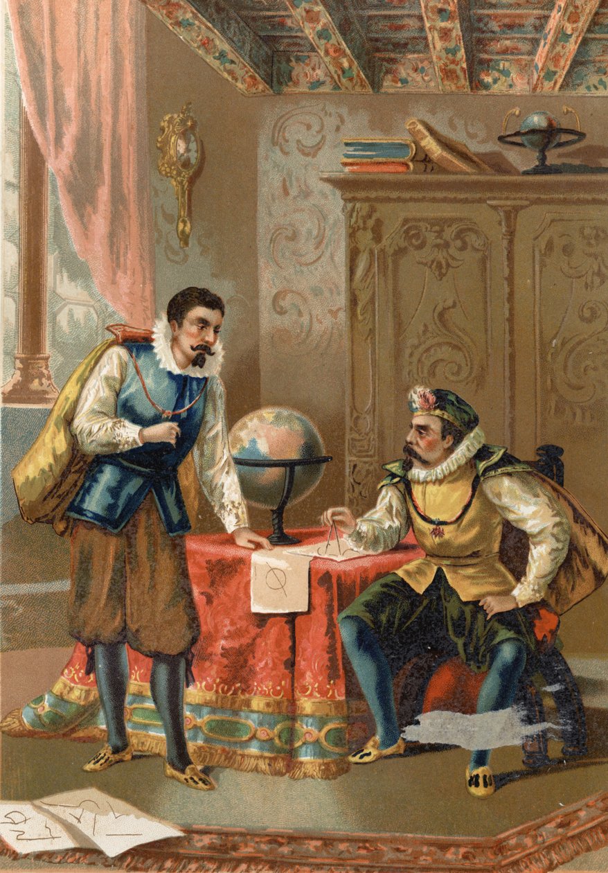 Johannes Kepler (Keppler) (1571 - 1630) com Tycho Brahe (1546-1601), astrônomos, Praga em 1600 - depois de La Ciencia y sus Hombres de Louis Figuier, Barcelona 1881 de Unknown artist