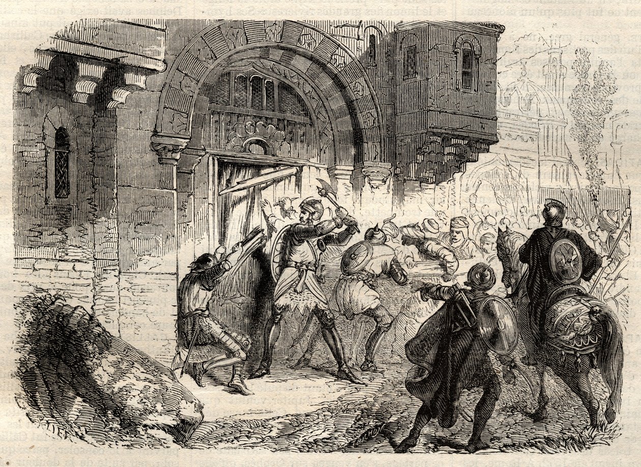 João II Comnenus, imperador bizantino - O Imperador João II Comnene (1087-1143) à frente dos gregos que conduzem a porta do seu Palácio em Constantinopla - gravura em "Illustrous Popular Dictionary" - 1864 - de Joseph Decembre e Edmond Allonier - de Unknown artist